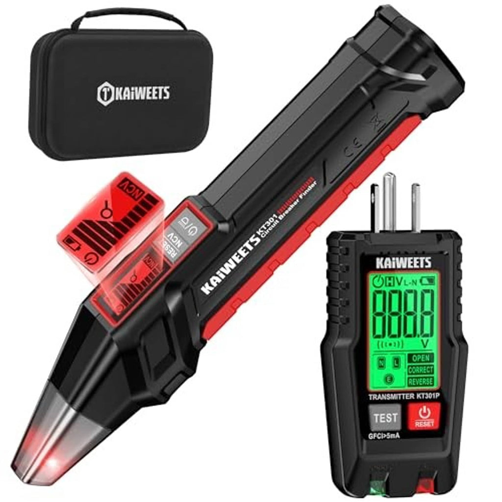 Circuit breaker finder with black handheld probe and LCD outlet tester with prongs