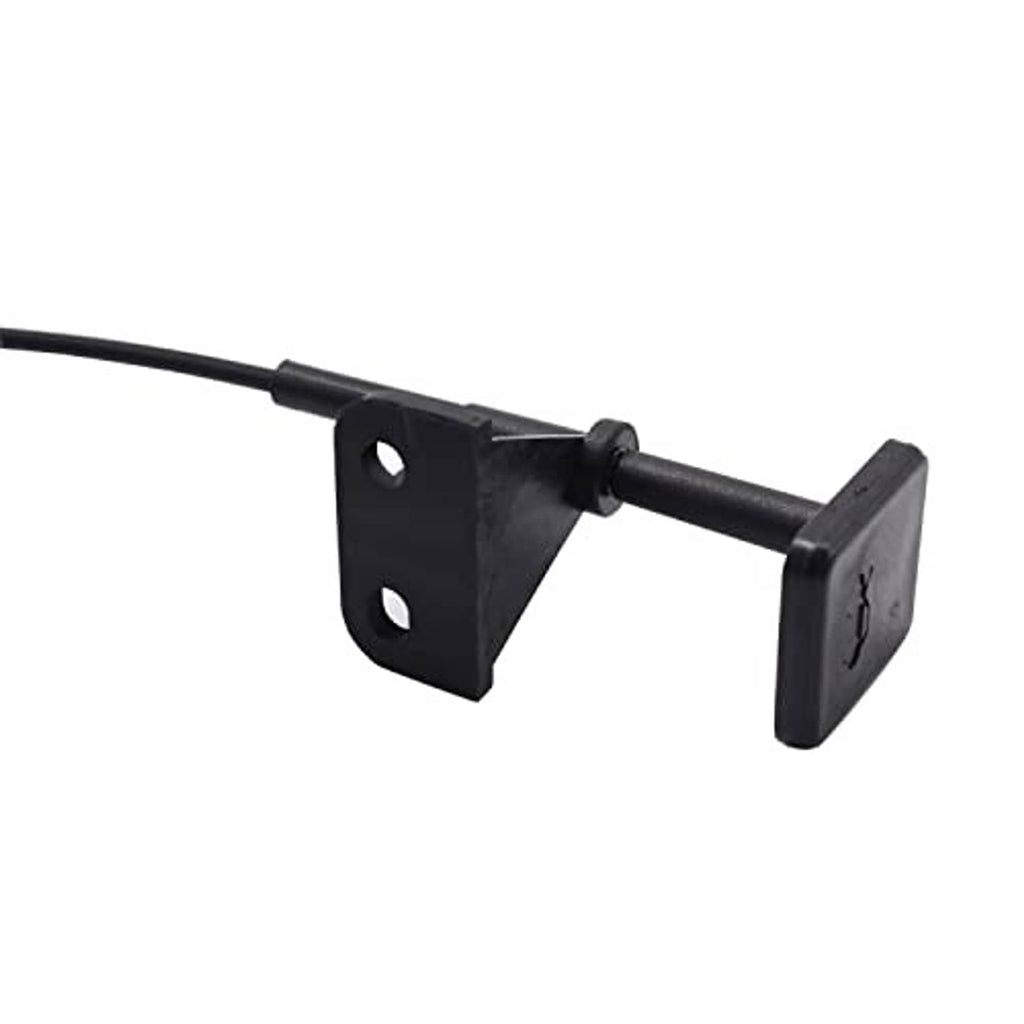Hood release cable bracket and handle end, black metal plate with cable connection