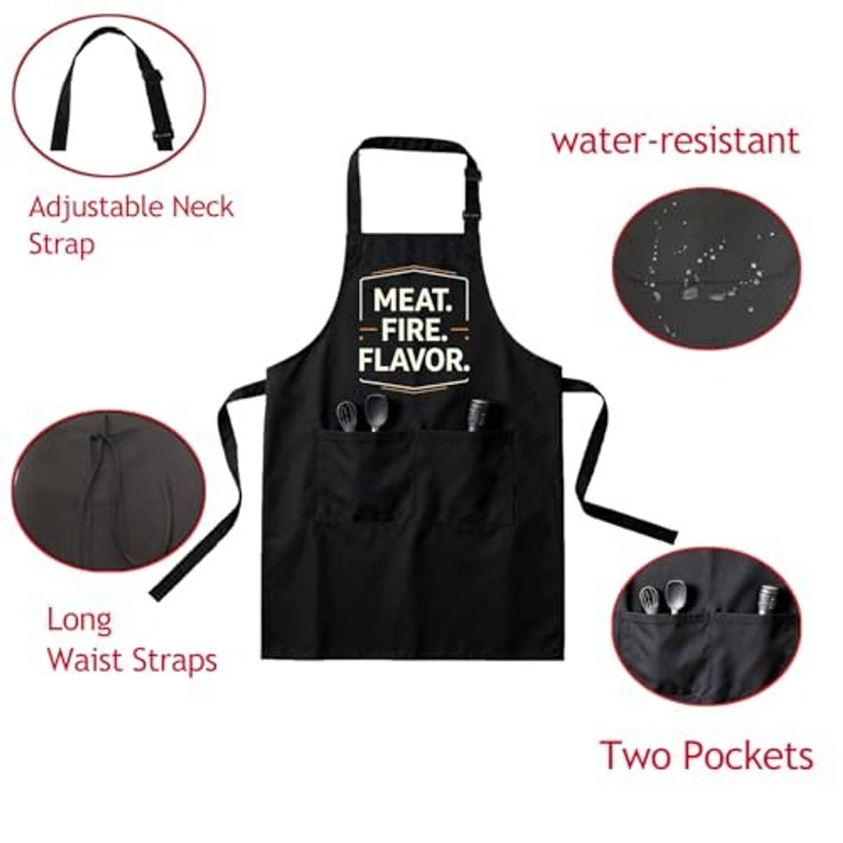 Black apron with adjustable neck strap, long waist ties, two pockets, water-resistant.