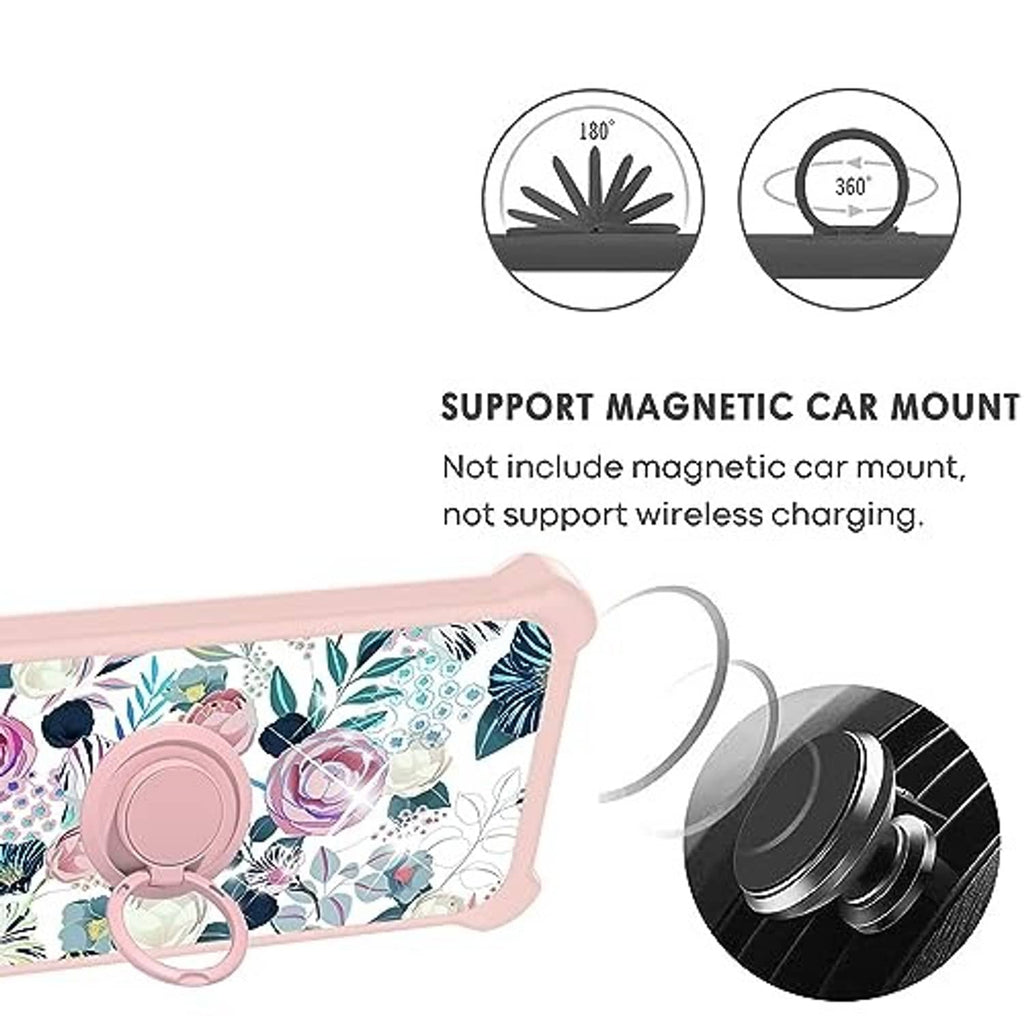 Rugged pink floral phone case with ring holder; magnetic car mount support