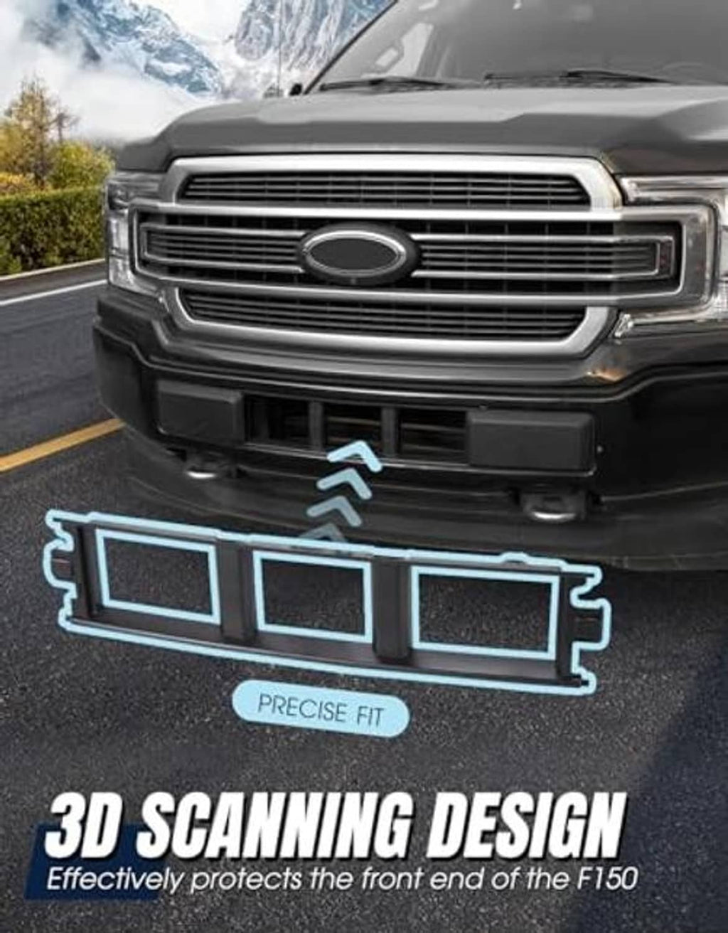 Front bumper grille panel trim installed on a pickup, black with rectangular slots