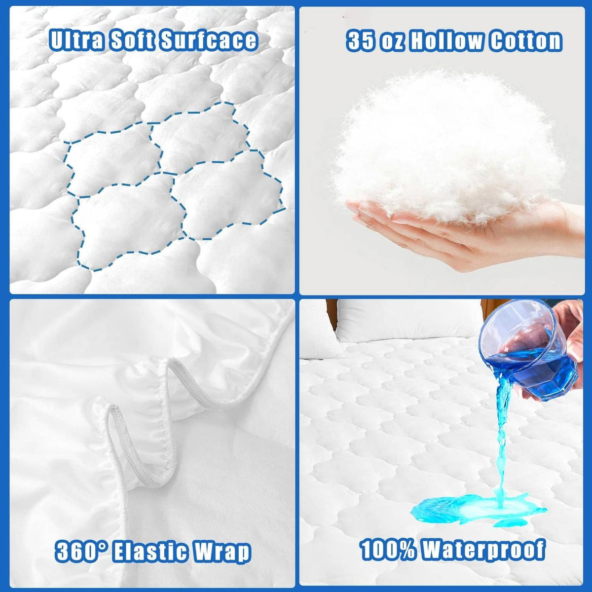 White quilted mattress protector fabric close-up with stitched baffles