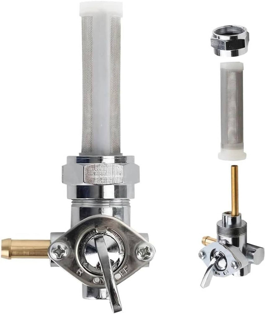 22mm left fuel petcock valve with silver housing, fuel spigot, and mesh filter screen