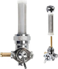 22mm left fuel petcock valve with silver housing, fuel spigot, and mesh filter screen
