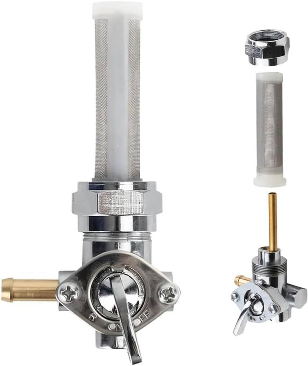 22mm left fuel petcock valve with silver housing, fuel spigot, and mesh filter screen