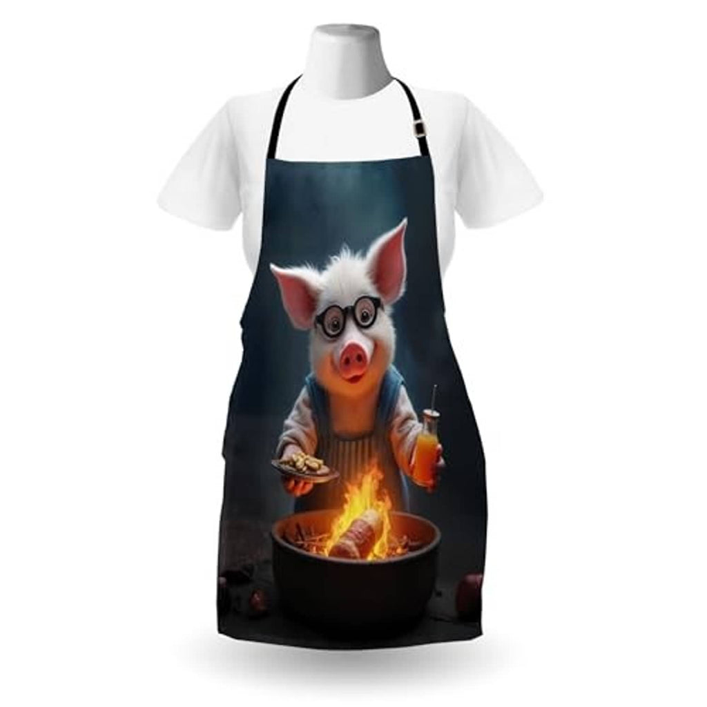 Pig grilling print apron worn over white shirt, dark blue fabric with black neck strap