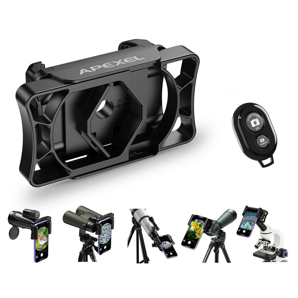 Black telescope phone adapter with clamp and black shutter remote