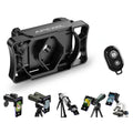 Black telescope phone adapter with clamp and black shutter remote