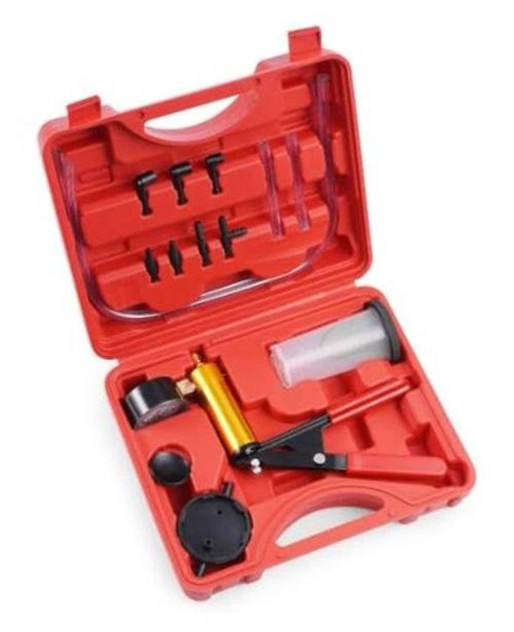 Red vacuum brake bleeder kit case with adapters, hoses, and reservoir cups