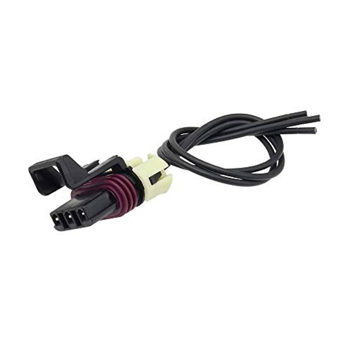 Engine camshaft sensor connector with black housing, maroon ribbed sleeve, and wire leads