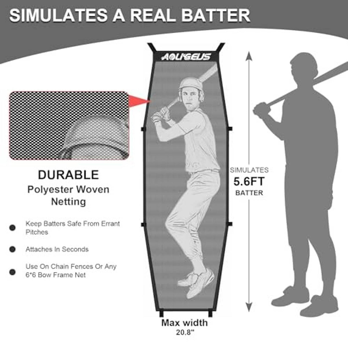 Baseball pitching net diagram showing durable polyester netting and 5.6 ft frame