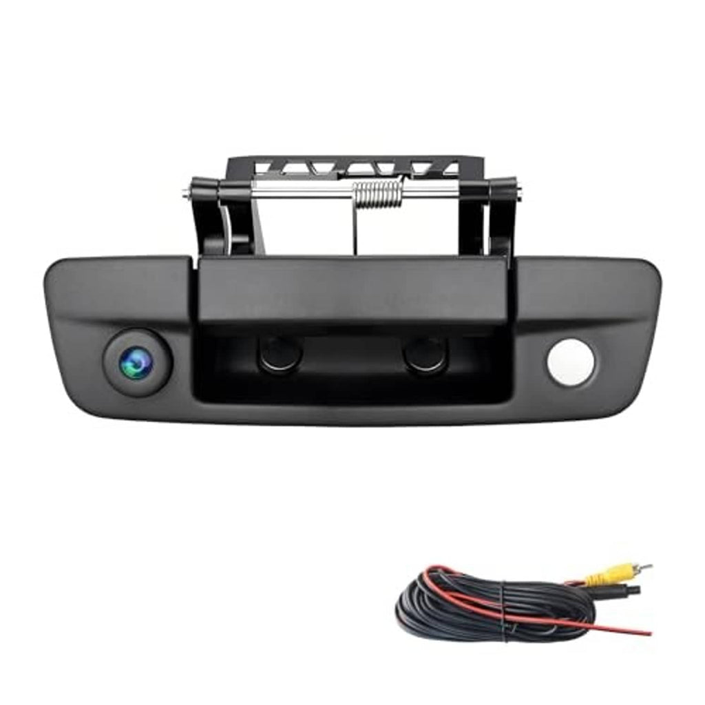 Black tailgate handle backup camera with blue lens and bundled power wiring