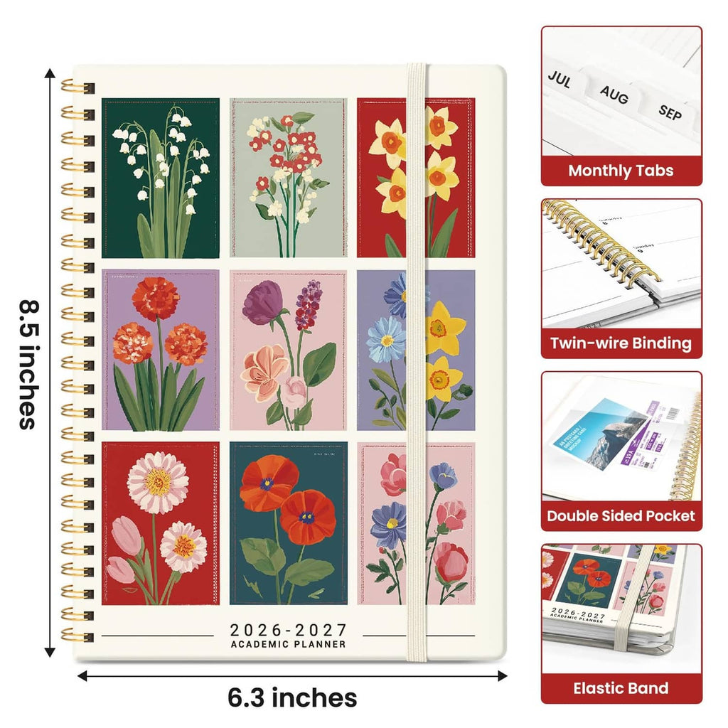 Floral academic planner, 6.3 x 8.5 in, elastic band, twin-wire binding, pocket