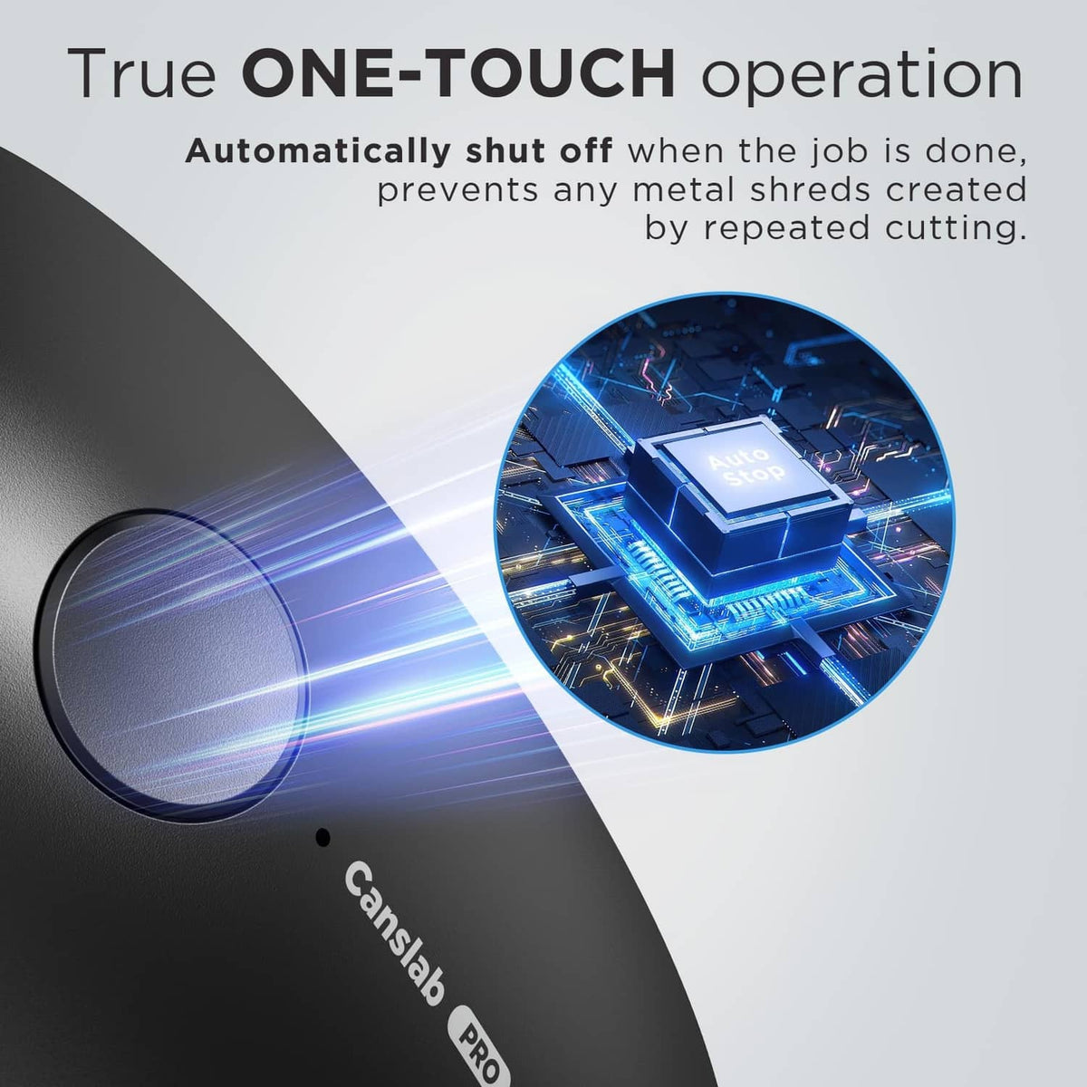 Electric can opener head with blue-lit cutting track for one-touch operation