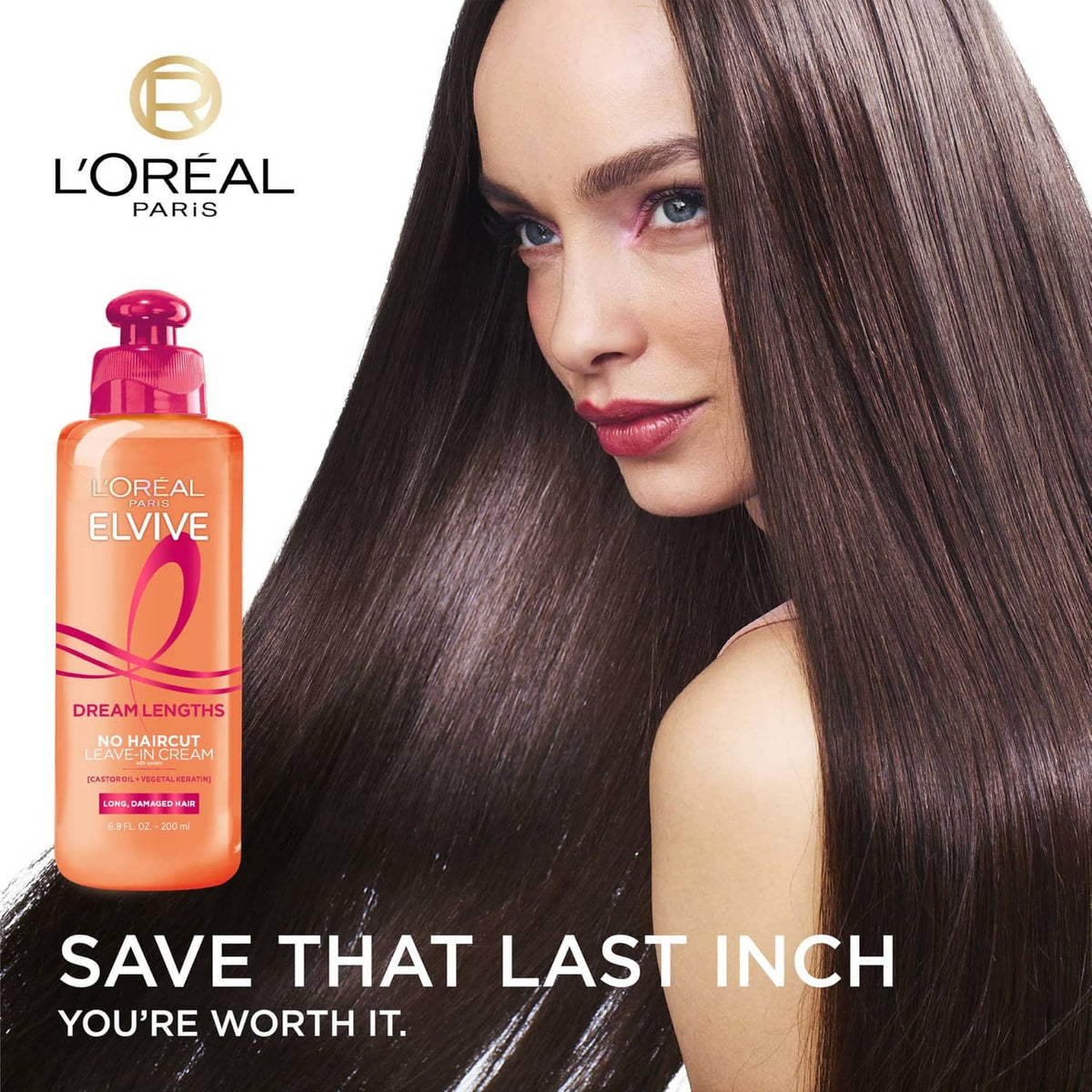 L'Oréal Paris Elvive Dream Lengths leave-in conditioner bottle with model's long straight hair