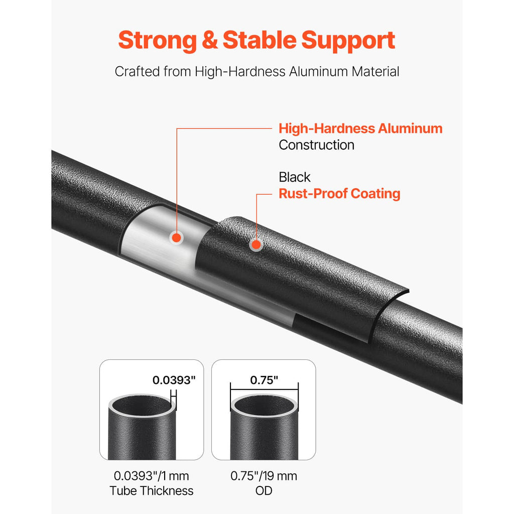 Black coated aluminum round baluster tube with visible thickness and outer diameter.