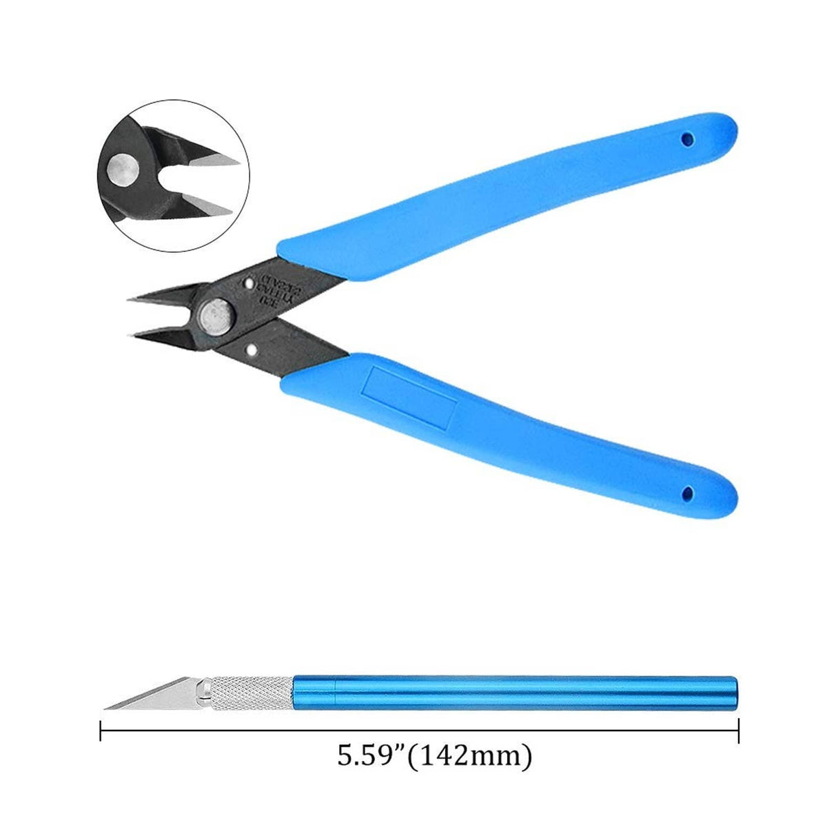 Blue-handled cutting pliers and precision tool for model assembly, with size label