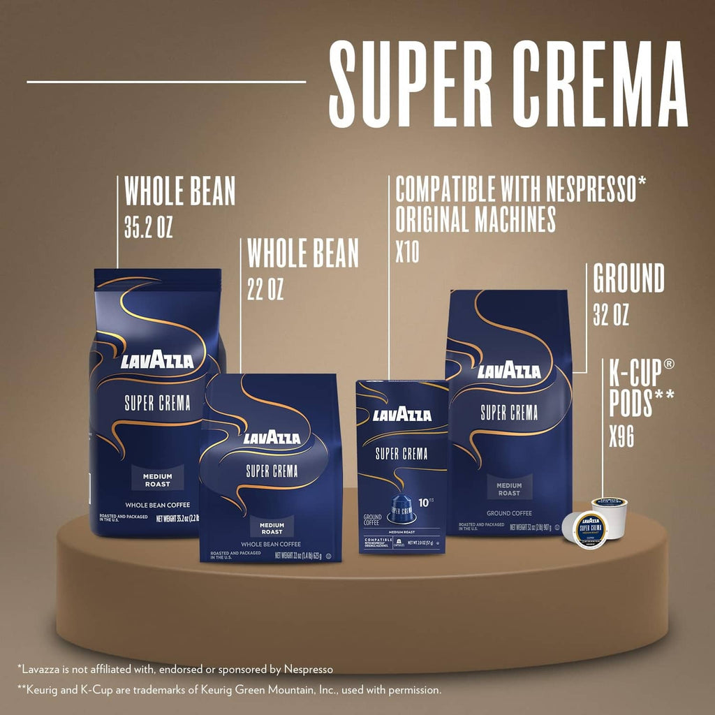 Lavazza Super Crema coffee lineup: whole bean and K-Cup pod options