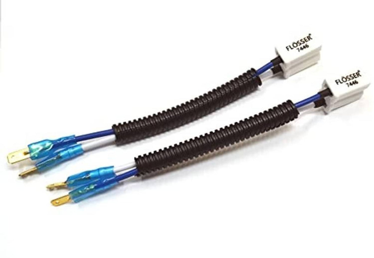 Wire harness with pigtail sockets, black corrugated cable, blue leads, white connector housings