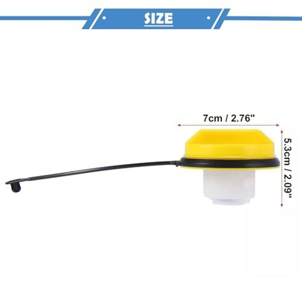 Yellow gas filler cap with black tether hose; 7 cm width, 3.5 cm height