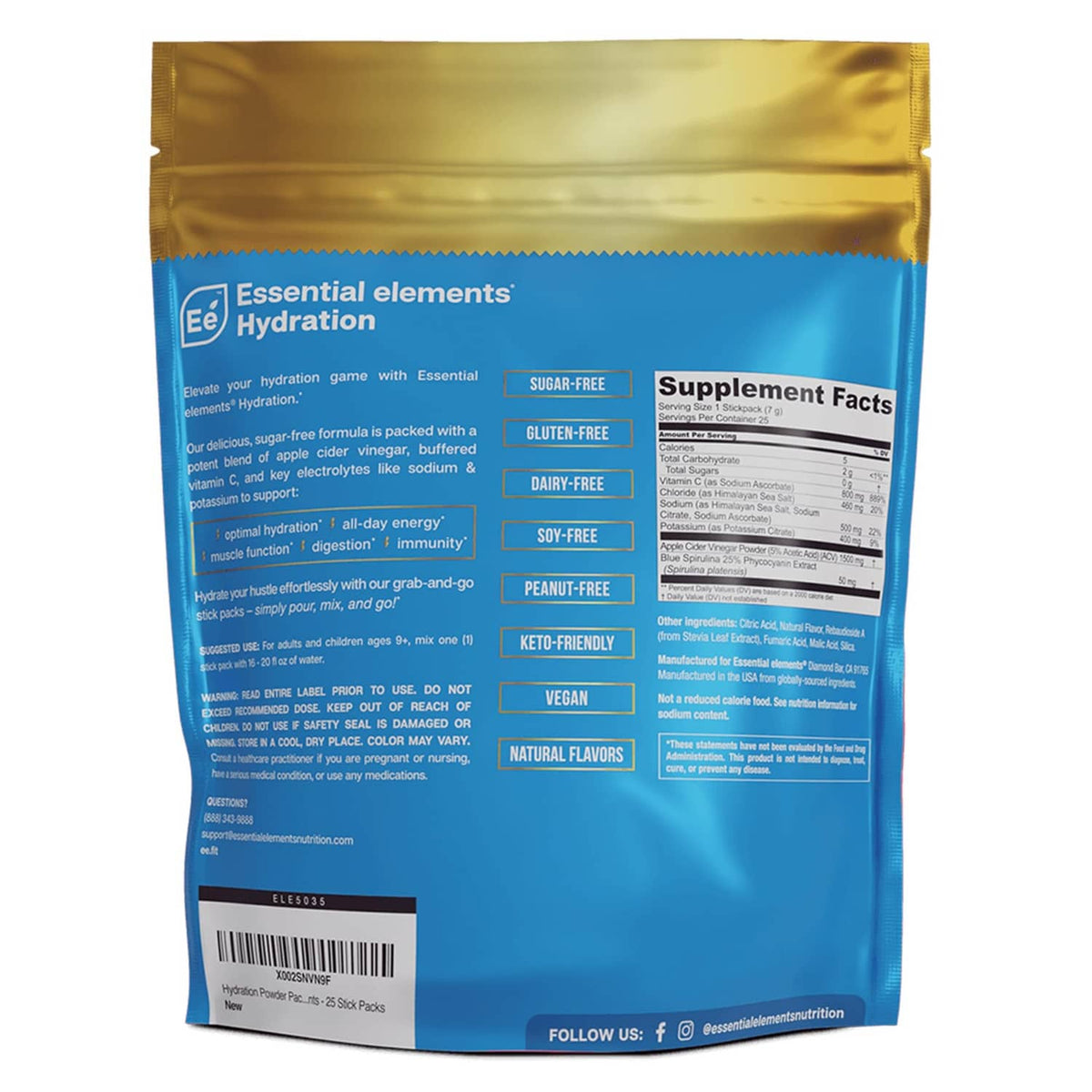 Hydration electrolyte powder pouch back panel with Supplement Facts and barcode.
