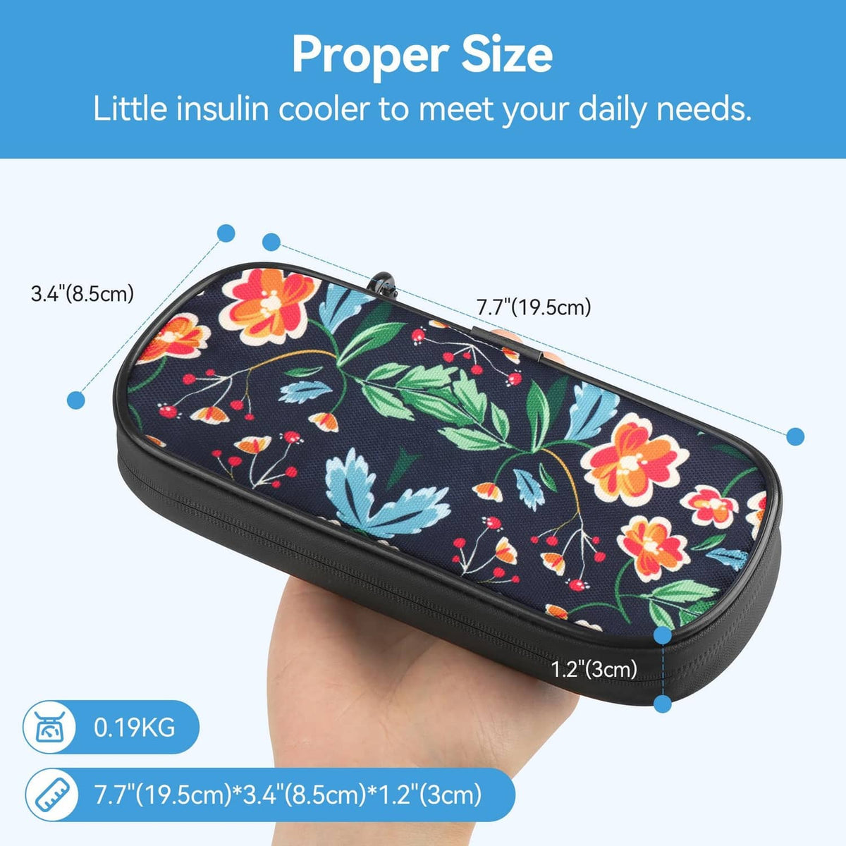 Floral insulin cooler case in hand, compact slim oval with zip closure