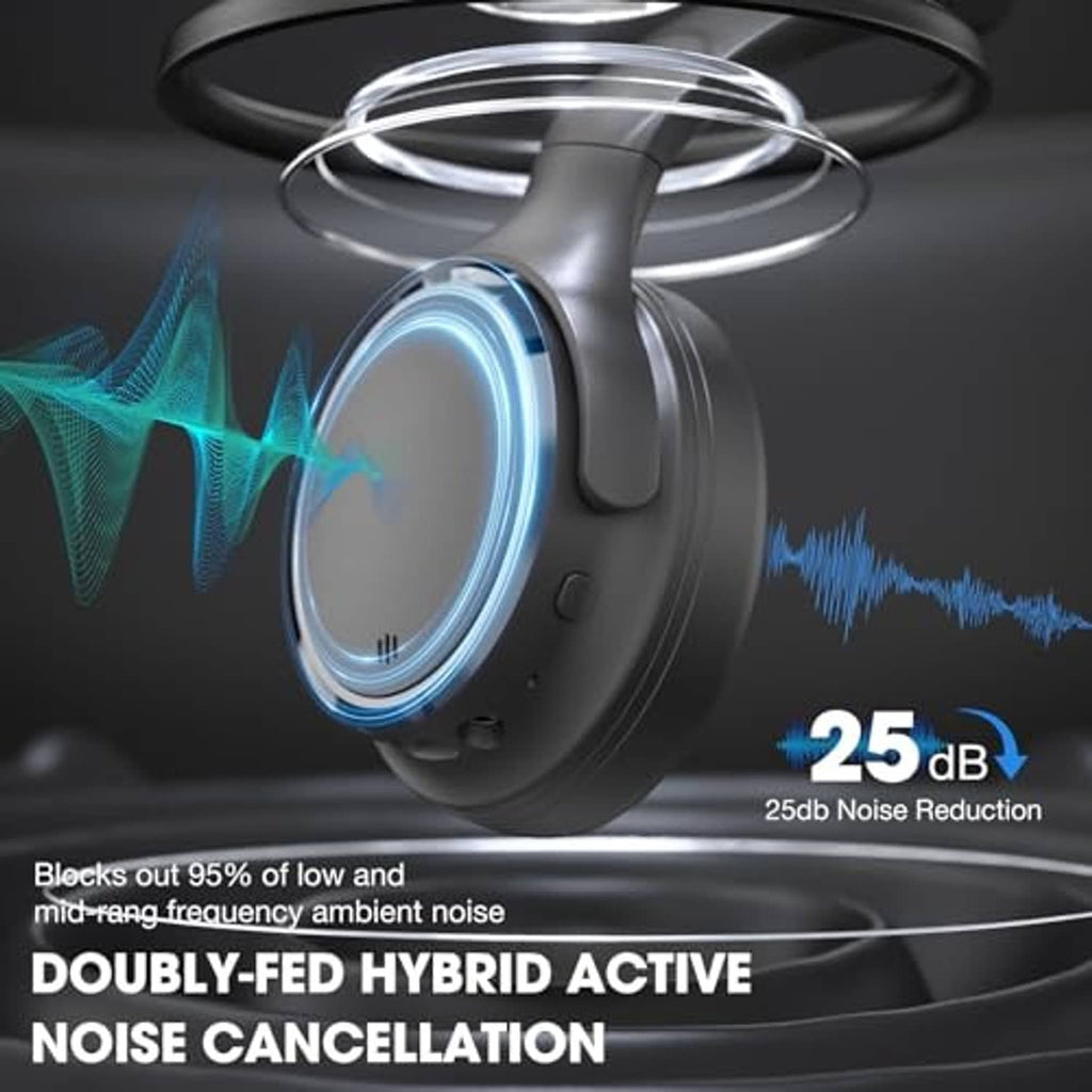 Black over-ear headphones showing earcup detail and dual-mic style openings
