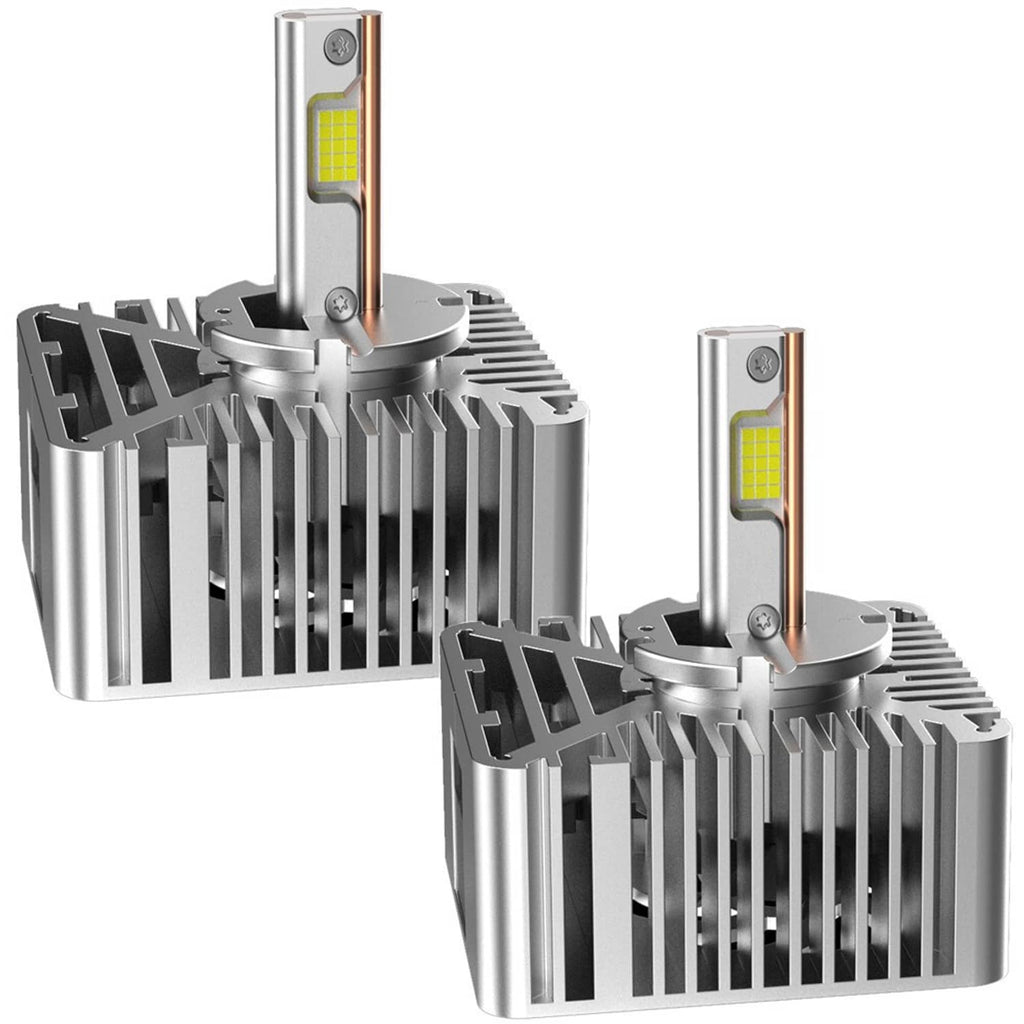 LED headlight bulb pair with metal cooling fins and a top LED module