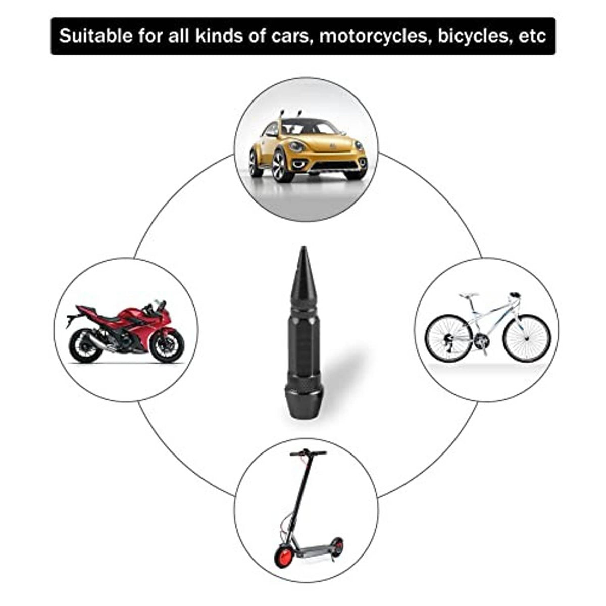 Black spiked valve caps (60mm) for car and bike valve stems, aluminum alloy set