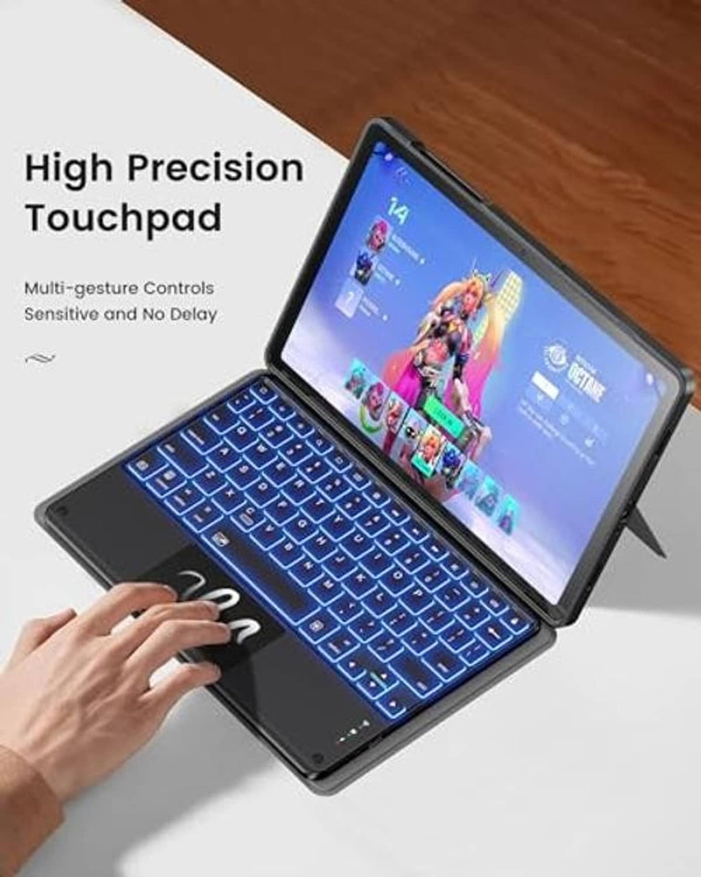 Black keyboard case with blue backlit keys and touchscreen tablet in typing stand