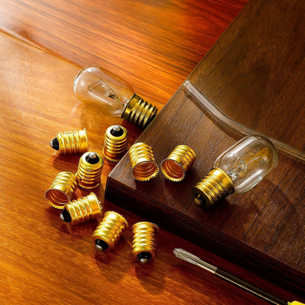 E14 to E12 lamp adapters, gold bases with screw threads and clear bulb sockets