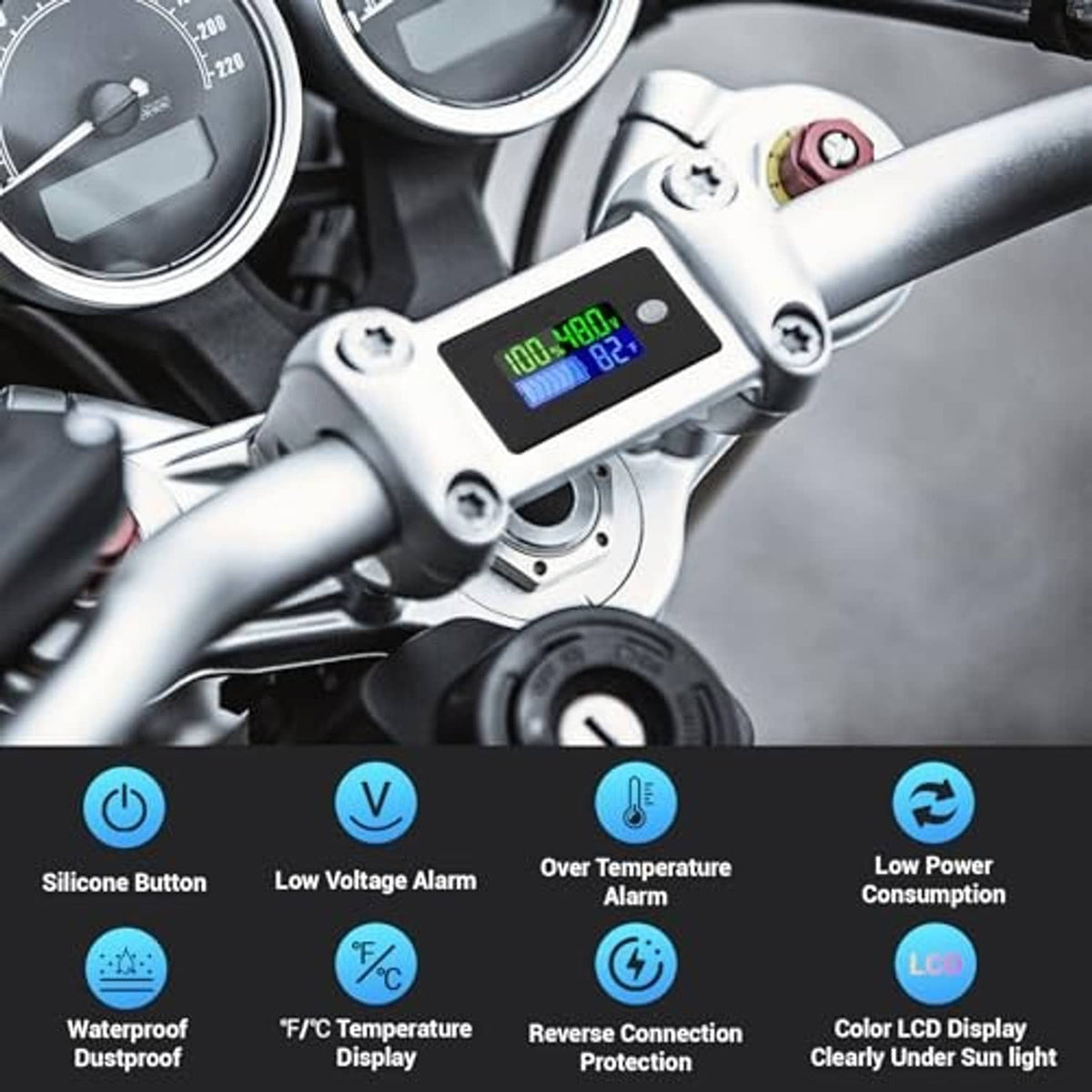 48V battery voltage meter mounted on dashboard with percent and voltage LCD