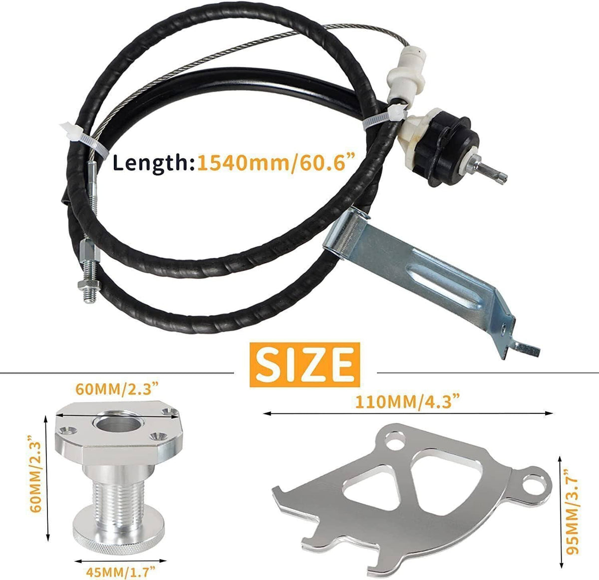 Clutch cable quadrant and firewall adjuster kit with black cable, silver arm bracket, mounting parts