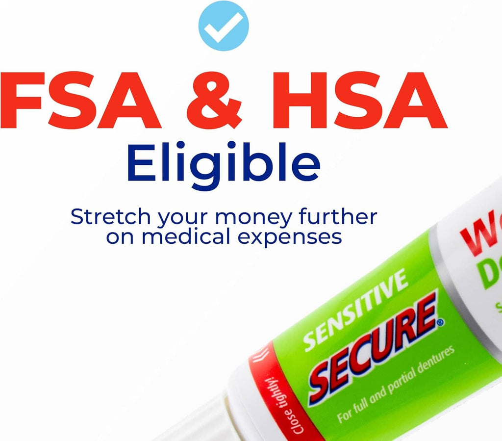 Denture adhesive tube with FSA & HSA eligible badge