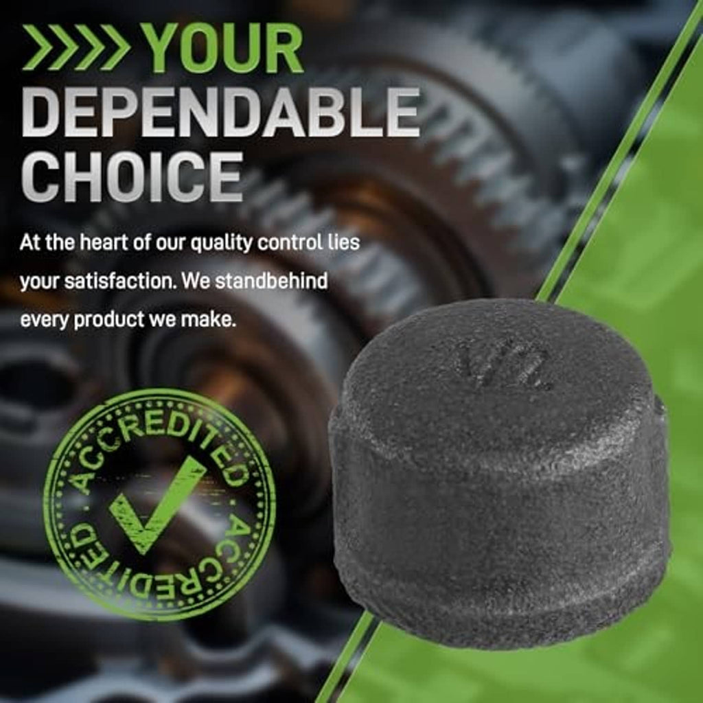 Textured black malleable iron pipe thread cap, 1/2 in, rounded end