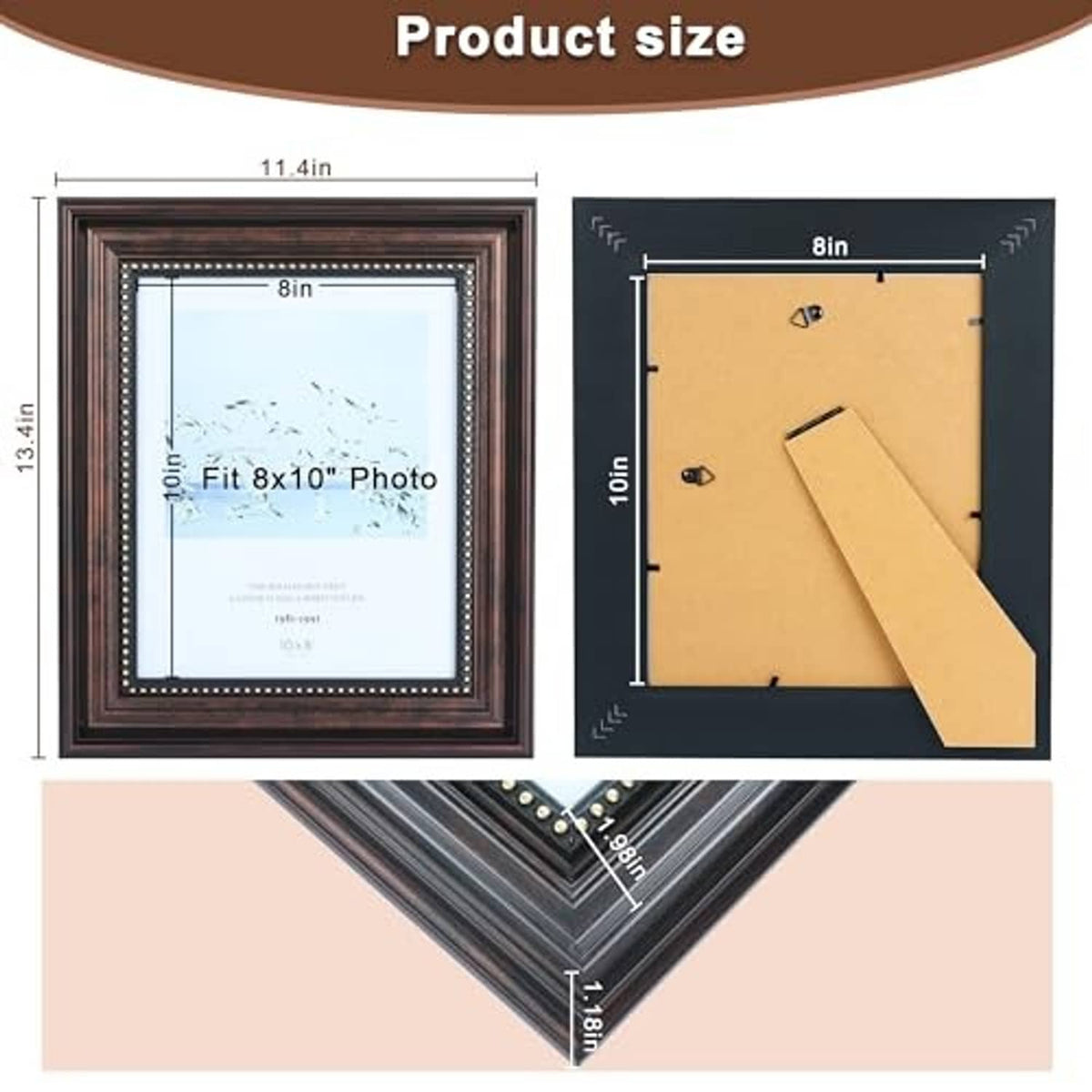 Black picture frame with gold bead trim, shown for an 8x10 photo size fit.