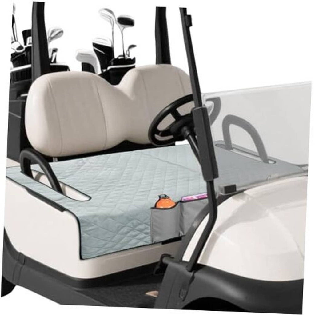 Light gray quilted golf cart front seat cover with front pocket panel and strap cutouts