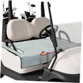 Light gray quilted golf cart front seat cover with front pocket panel and strap cutouts