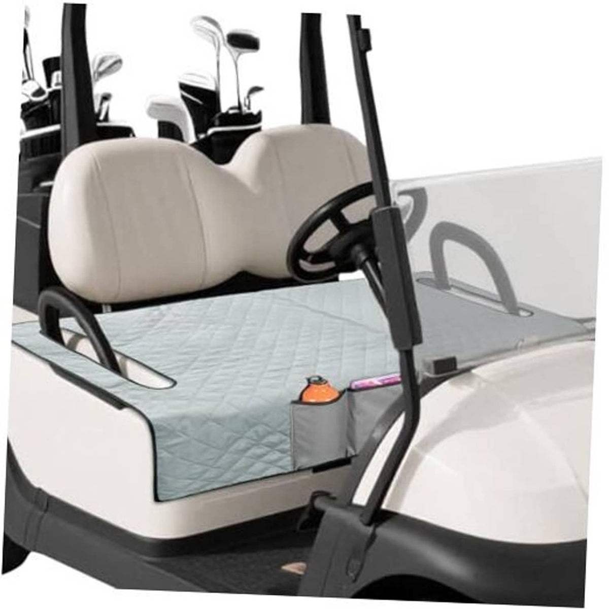 Light gray quilted golf cart front seat cover with front pocket panel and strap cutouts