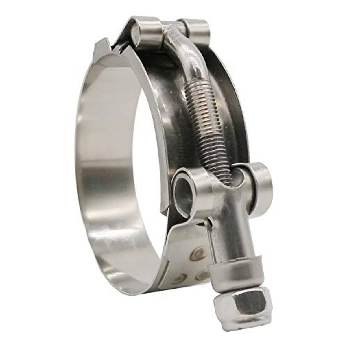 Stainless steel T-bolt hose clamp in side view with tightening bolt and band