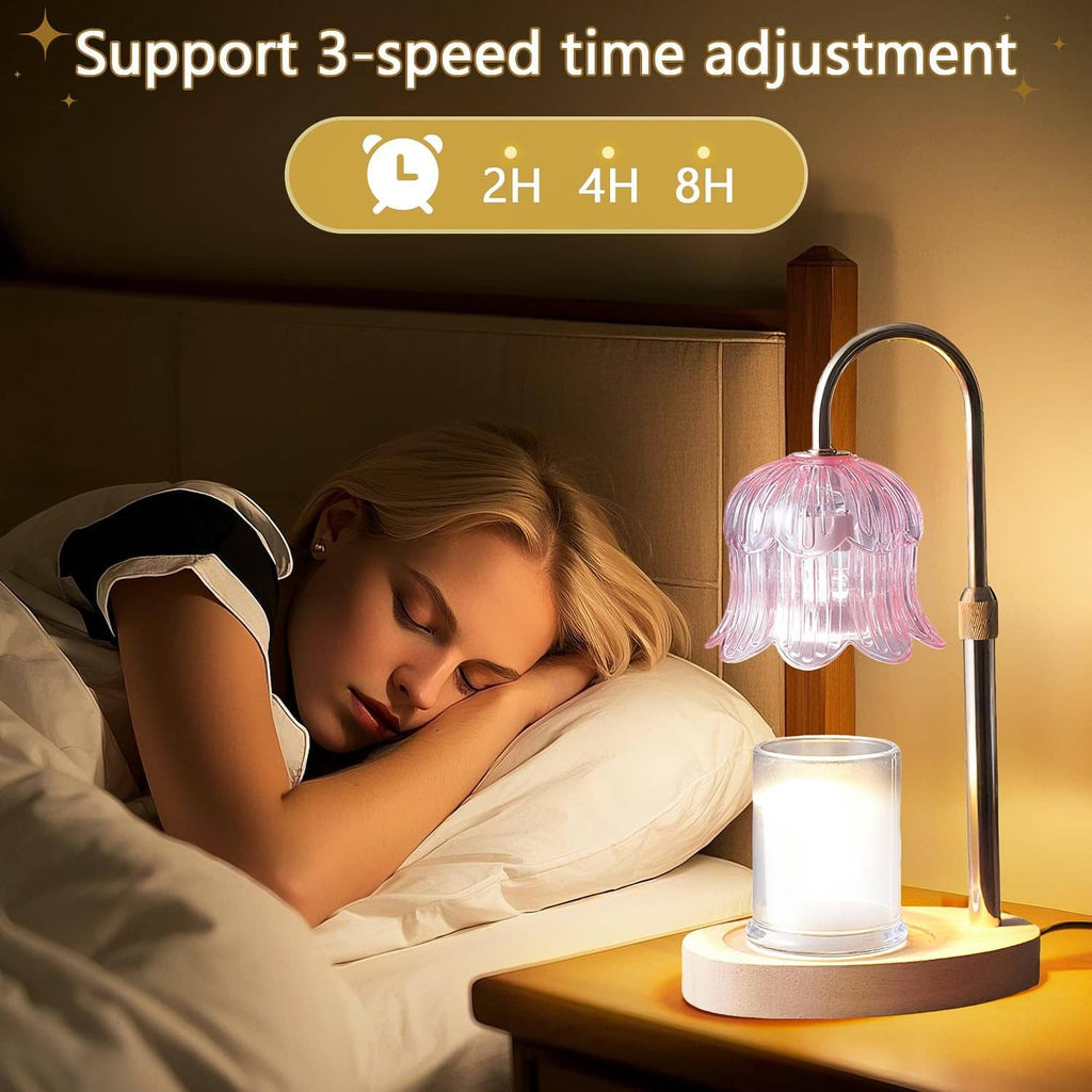 Pink candle warmer lamp with timer preset (2H/4H/8H) and arched metal stand