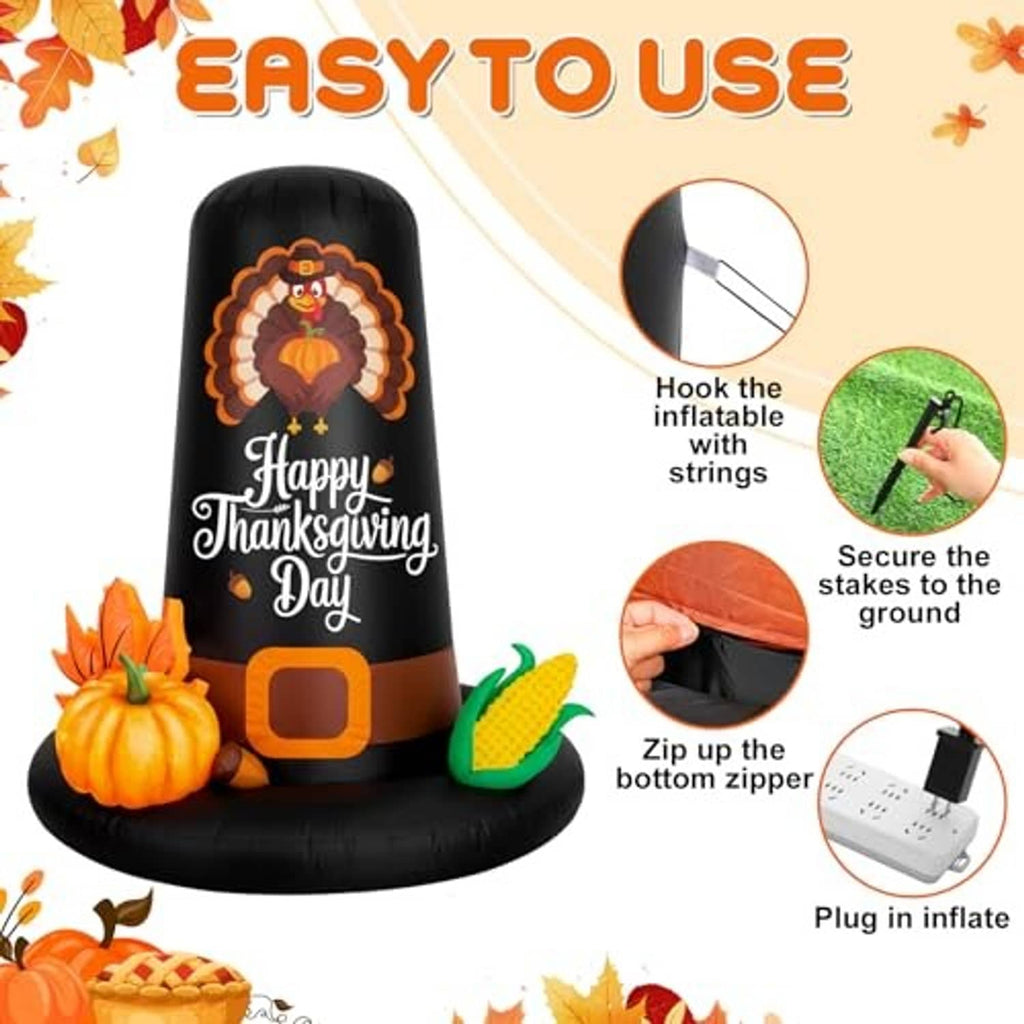 Inflatable black pilgrim hat with autumn icons and visible instructions for hookup and zipper