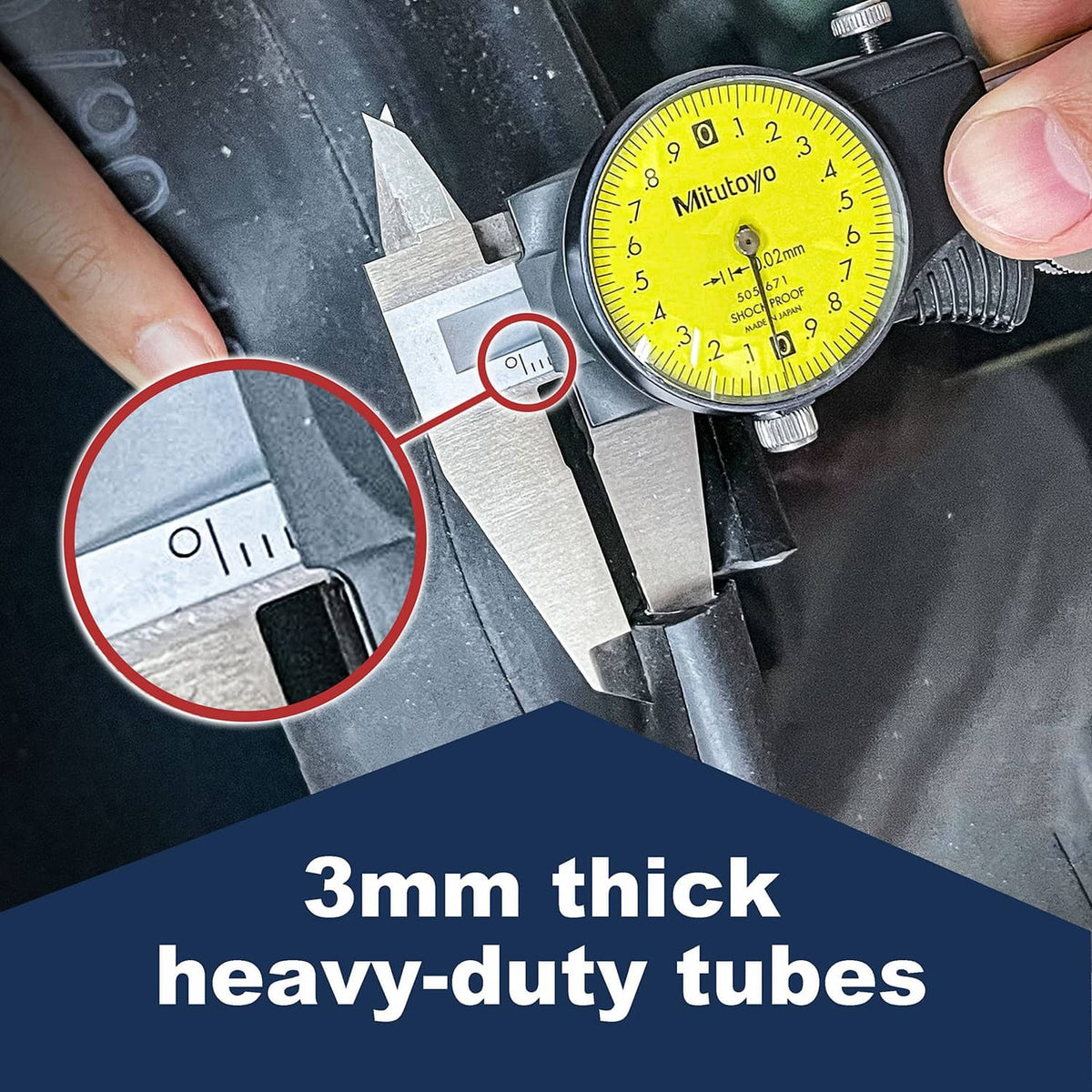 Heavy-duty motorcycle inner tube showing tube thickness measurement, black rubber.