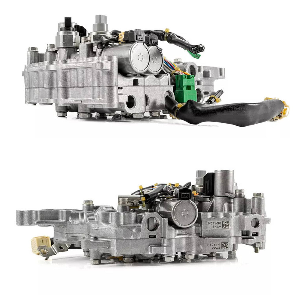 CVT transmission valve body assembly with solenoids and electrical connectors, two-view layout.