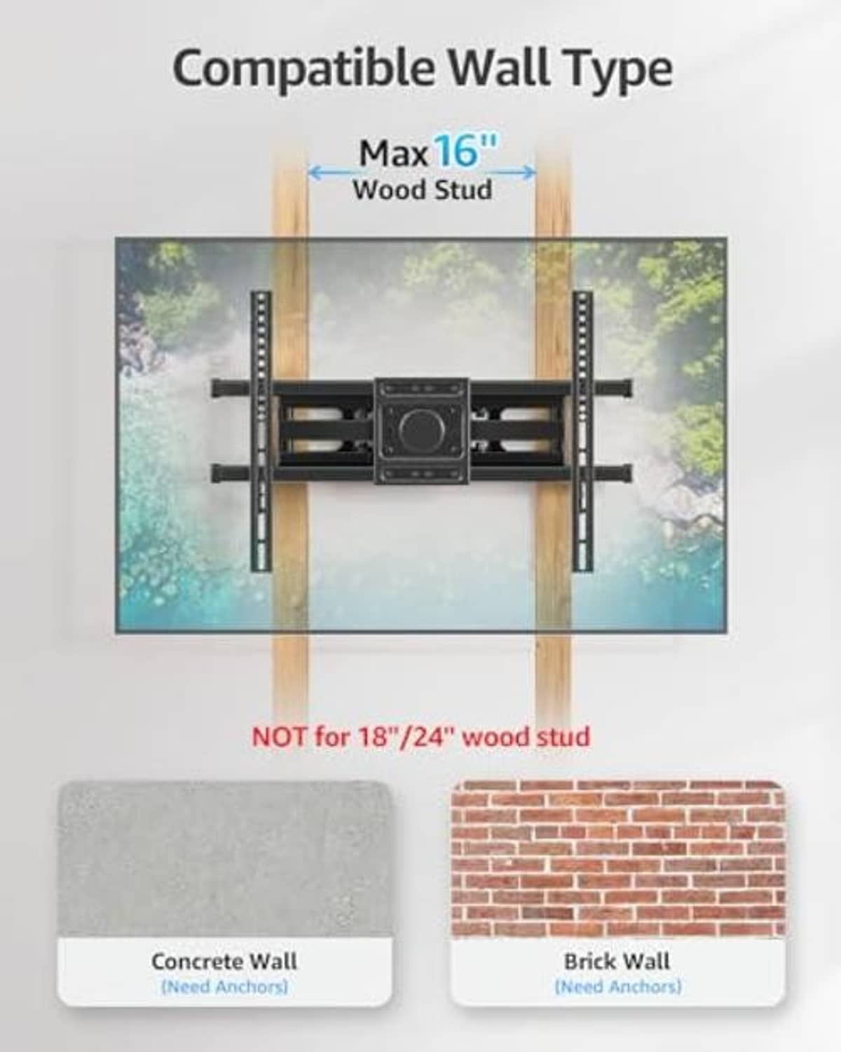 TV wall mount bracket shown for wood stud and concrete/brick wall installation layouts