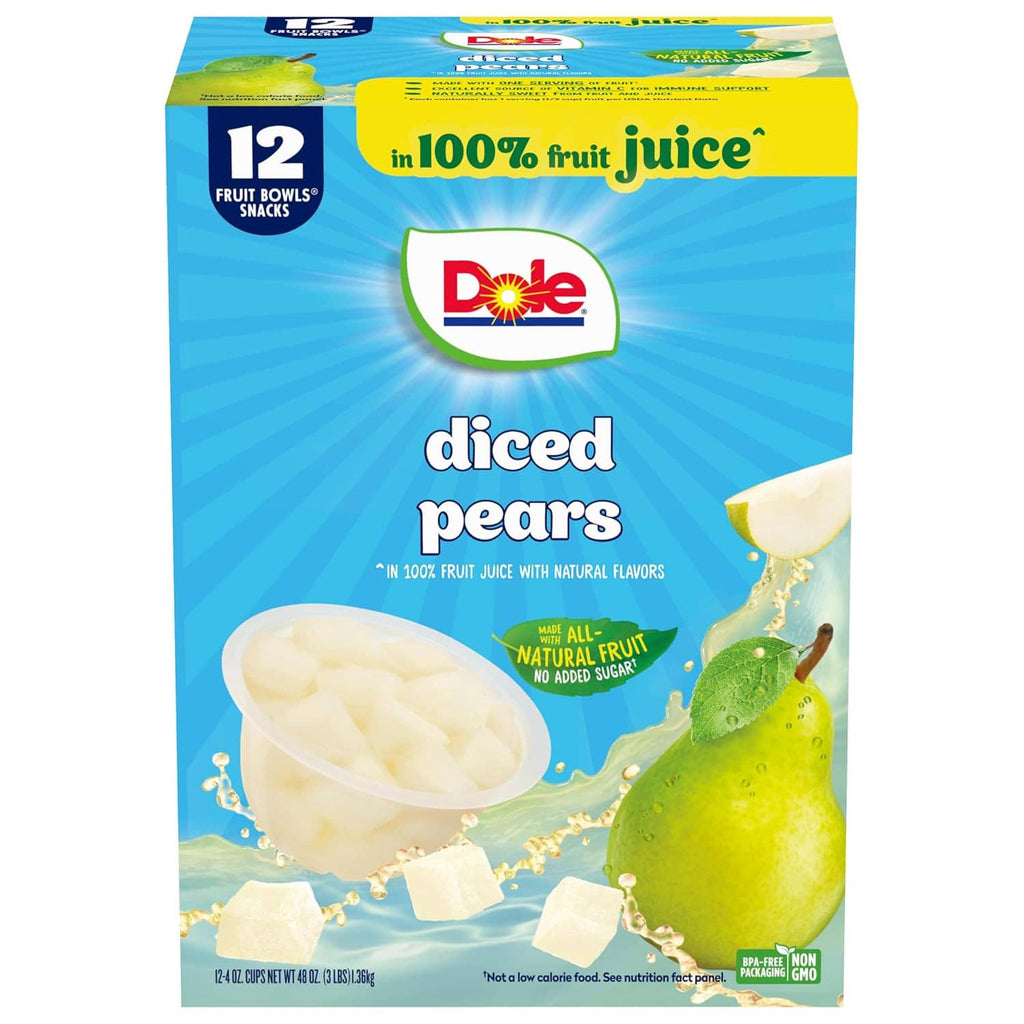 Dole diced pears fruit bowl snack package with green pear illustration on the blue front