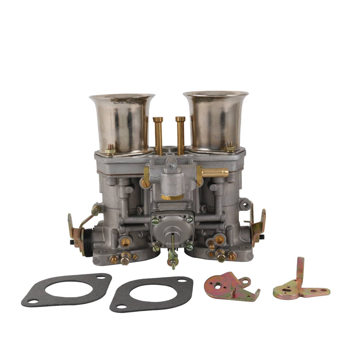 Carburetor engine assembly with twin intake trumpets, valve parts, and gasket set