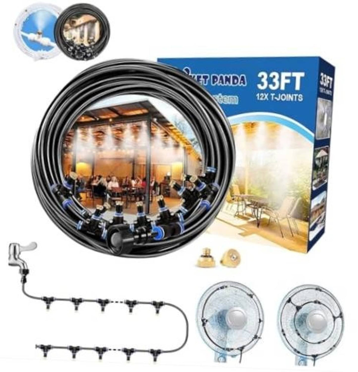 33FT outdoor water misting kit with black hose, nozzles, splitters and connector parts
