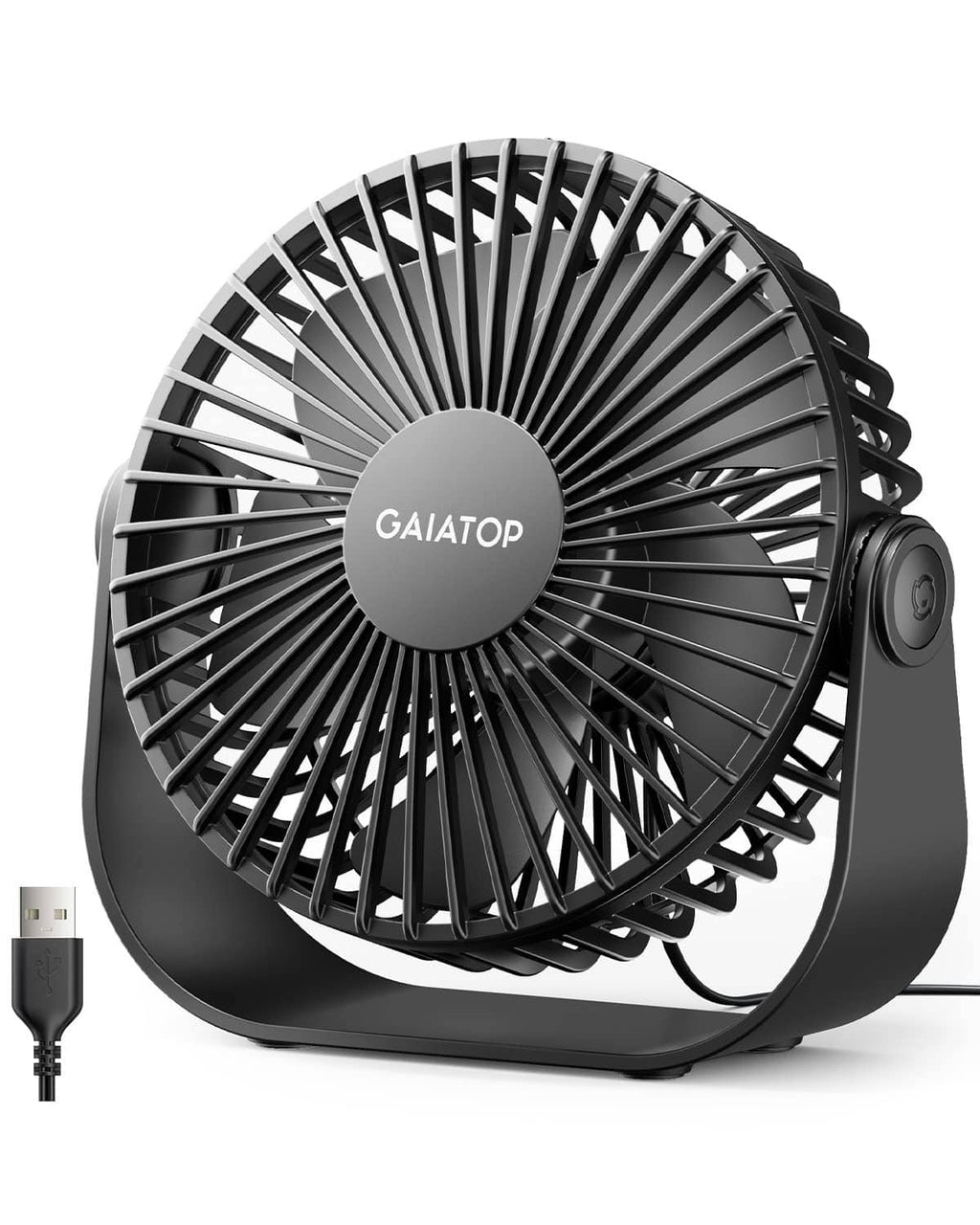 Black USB desk fan with circular grille and front control button