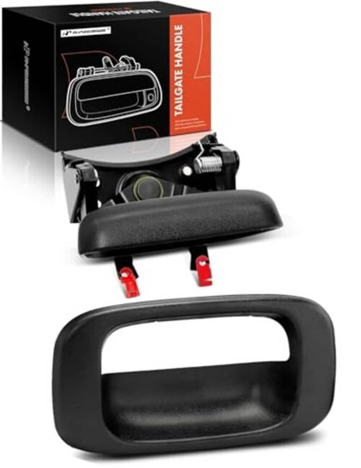 Textured black tailgate handle with bezel cover and attachment hardware